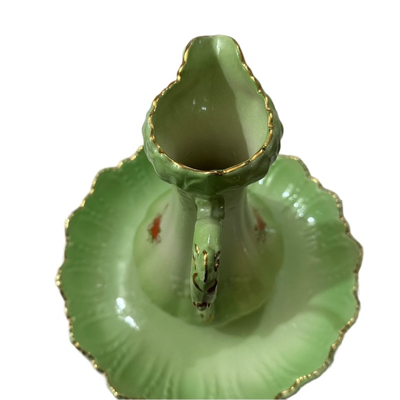Vintage Antique Green Floral Pitcher and Wash Basin with Gold Trim 1950s - Picture 16 of 16